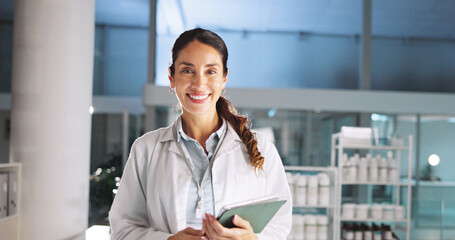 Aufkleber - Portrait, woman and scientist on tablet in lab for research, medical investigation and pharmaceutical report. Person, smile and digital for about us, biology study and information of vaccine solution