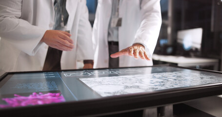 Poster - Scientist, people and hands with screen for lab review, medical research or innovation. Computer table, interactive display and clinical analysis for studying science data, teamwork or results