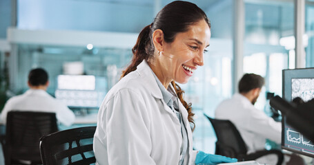 Poster - Computer, science and smile of woman in laboratory for healthcare, medical or pharmaceutical innovation. Microscope, research and study with happy scientist in clinical trial for development