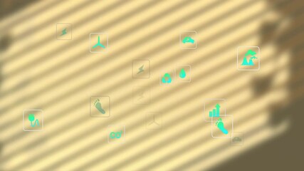 Poster - Floating green energy icons over striped beige background in animation style