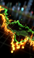 Poster - Fluctuating market representation with dynamic line graph over blurred cityscape