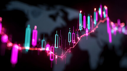 Poster - Global market trend analysis presented with glowing candlestick chart and world map