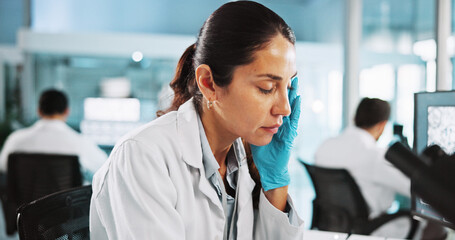 Aufkleber - Headache, tired and science with woman in laboratory for research mistake, clinical trial fail or burnout. Healthcare error, stress and medical test results with person for fatigue and crisis