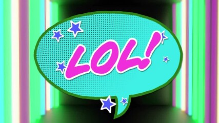 Poster - Animation of LOL! speech bubble with stars on colorful neon background