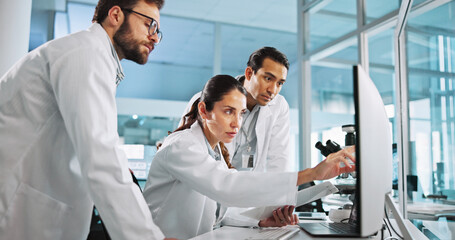Poster - Teamwork, chemistry or scientists on computer for vaccine breakthrough, clinical trial or DNA discovery. People, medical test or science research in lab with results notes, bacteria or medicine cure