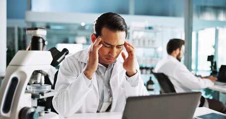 Poster - Headache, laptop and science with man in laboratory for research mistake, clinical trial fail or burnout. Healthcare error, tired and medical test results with person in clinic for online and glitch