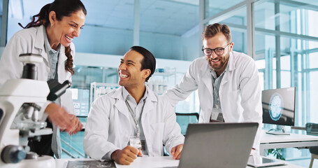 Leinwandbilder - team, happy scientist and people in lab for cure discovery, breakthrough or innovation discussion. s