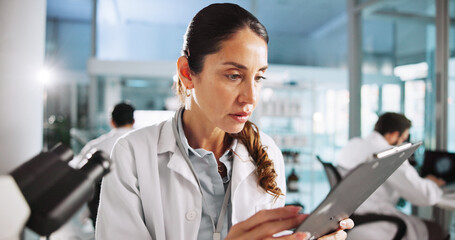 Poster - Tablet, woman and scientist in laboratory for project for medical study, research or report. Science, technology and female biologist with pharmaceutical innovation for healthcare investigation.