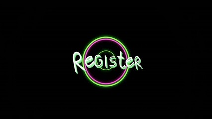 Poster - Glowing circle with neon register text on dark background in animation style