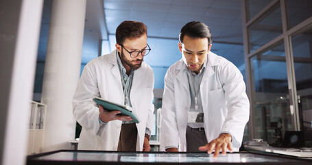 Poster - Scientist, men and screen with meeting for data review, medical research or innovation. Computer table, interactive display and clinical analysis for science, study and teamwork or tablet results