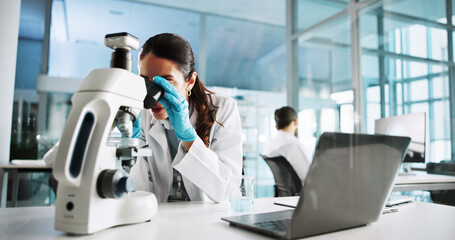 Aufkleber - Scientist, woman or microscope with research in laboratory for sample analysis or testing bacteria. Science, medical equipment or biology study for pharmaceutical development or healthcare innovation