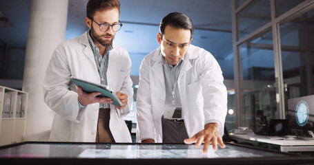 Poster - Scientist, men and meeting with screen for lab review, medical research or innovation. Computer table, interactive display and biotech clinical analysis for science data study, teamwork or results