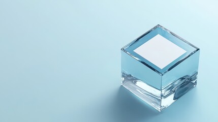 Wall Mural - 3d render of a blue glass cube with a white blank business card inside