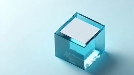 Wall Mural - 3d render of a blue glass cube with a white blank business card inside