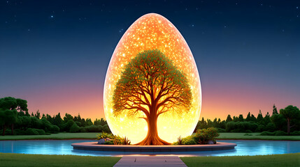Wall Mural - Glowing egg-shaped orb encasing a tree, nestled in a tranquil park at twilight