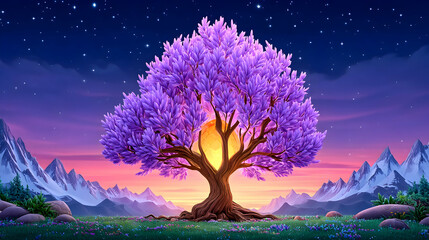 Wall Mural - Glowing purple tree at sunset, majestic mountains