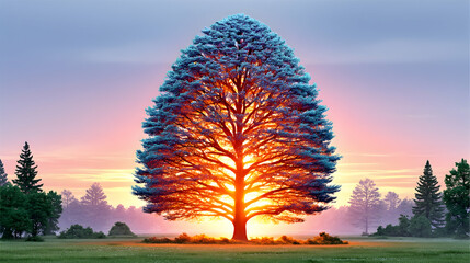 Wall Mural - Glowing tree at sunrise, ethereal light illuminating branches, misty field