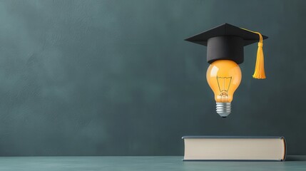 Poster - Bright Idea Concept with Graduation Cap and Light Bulb over Open Book on Green Background