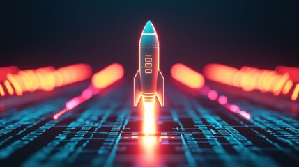 Poster - Vibrant Neon Rocket Launch Concept With Futuristic Digital Background In 3D Space
