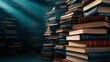 © Wan_photo - Stacked Books in a Dimly Lit Library Surrounded by Rays of Soft Light and Shadows on the Book Covers