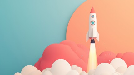 Poster - Colorful rocket launch over fluffy clouds against pastel sky backdrop with bright sun illustration