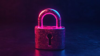 Poster - Neon Lighted Lock with Keyhole in Futuristic Style on Dark Background for Security and Protection Themes