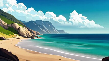 Wall Mural - Spectacular beach with mountains under a clear sky offers a tranquil getaway for relaxation and adventure, beautiful beach with mountain landscape, seamless ing video background, cartoon style