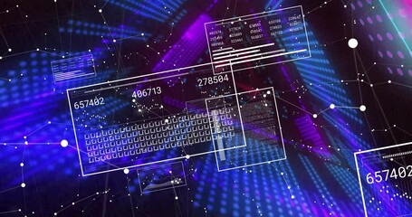 Poster - Animation of digital data and coding interface on vibrant blue and purple background