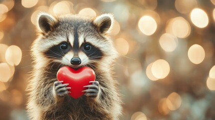  Raccoon Holding a Red Heart with Bokeh Background for Valentines Day Greeting Card