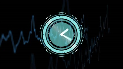 Poster - Futuristic clock animation over fluctuating line graph on dark background