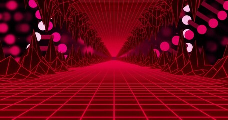 Poster - Glowing pink lights on geometric shapes in futuristic neon grid tunnel animation