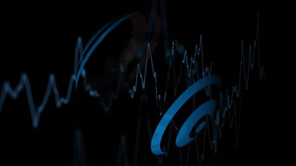 Poster - Animation of blue waveform and abstract spiral shapes on dark background