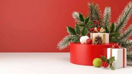 Poster - 3D-rendered circular red pedestal with dramatic top-down lighting, Christmas theme.
