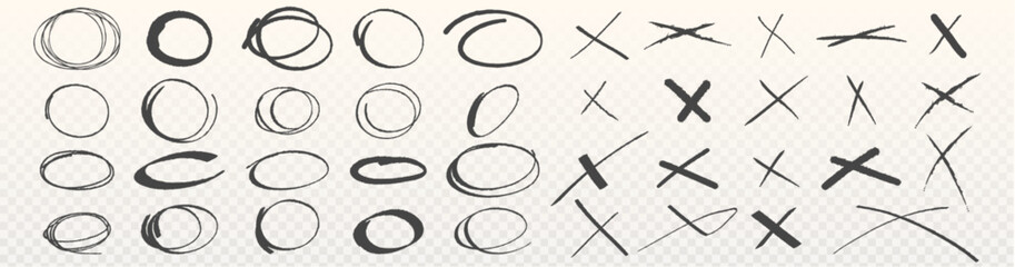 Poster - hand drawn cross and circle signs set isolated on transparent background. vector realistic illustrat