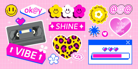 Poster - Y2k smile sticker pack in bright neon colors. Pixel icons, positive phrases and symbols in retro 90s aesthetic for trendy design with nostalgic touch. Funny bright psychedelic vintage elements.