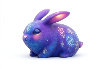 a fluffy purple rabbit adorned with glowing celestial symbols, a whimsical 3d render.
