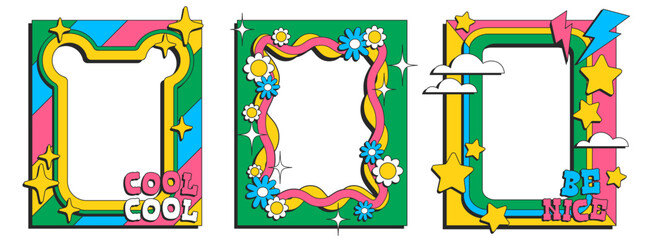 Poster - Psychedelic color frames set isolated on white background. Vector cartoon illustration of green borders decorated with stars, clouds, lightning bolts, flowers, poster templates with groovy design