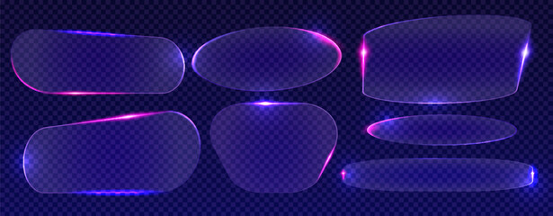 Poster - Abstract blue neon light frames set isolated on transparent background. Vector realistic illustration of different shape borders with round edges, web or mobile app user interface design elements