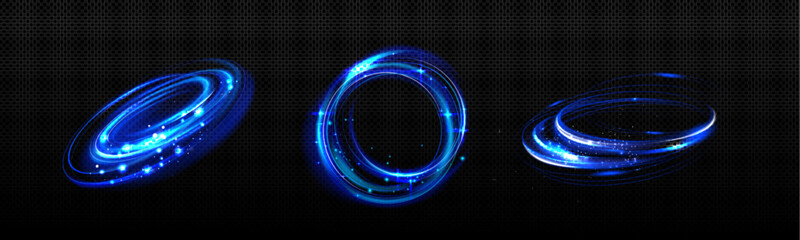 Poster - blue glowing spiral vortex circles on dark background - shiny neon curves, light trails forming roun