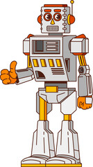 Aufkleber - Retro robot and bot groovy funny character. Artificial intelligence cyborg android cute isolated groovy vector character. Alien robot or humanoid droid happy personage or mascot showing thumb up