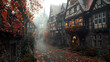 © MasTPX - A picturesque autumnal street scene in a charming European village features historic half-timbered houses draped in vibrant fall foliage under a misty sky.