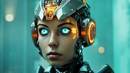 Poster - cyborg female with glowing golden head gear in a futuristic setting showcasing technological advance