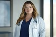 © CreativeLight - A confident female doctor with long blonde hair wearing a white coat and stethoscope, standing in a modern medical office