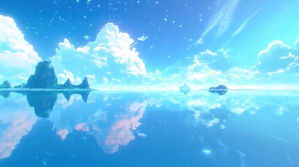 A beautiful blue ocean landscape reflecting the clear cloudy sky above
