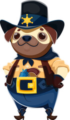 Poster - Cartoon pug dog wild west animal sheriff character dressed in ten gallon cowboy hat with a star badge, bandana, vest, and a belt with a holster. Vector western canine personage with hands on hips