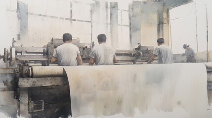 Poster - group of workers in textile factory operate machinery, focusing on fabric production. industrial setting is filled with natural light from large windows, creating busy atmosphere