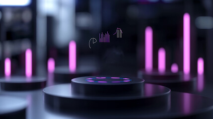 Poster - A 3D business analytics concept with interactive pie charts, bar graphs, and data points hovering in mid-air, corporate blue tones and gradient lighting adding depth and realism