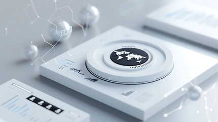 Poster - A clean and modern business dashboard concept showing 3D graphs and statistical charts in white and navy tones, floating analytics UI elements with soft shadows