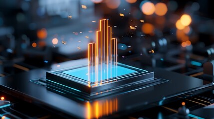 Poster - A futuristic business data statistics scene with a glowing 3D bar graph rising from a sleek glass surface, vibrant blue and orange color-coded data bars, digital numbers