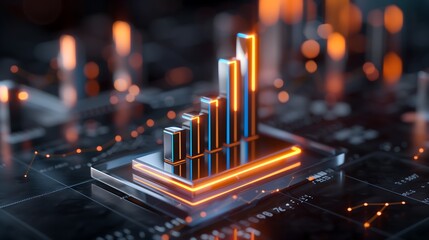 Poster - A futuristic business data statistics scene with a glowing 3D bar graph rising from a sleek glass surface, vibrant blue and orange color-coded data bars, digital numbers